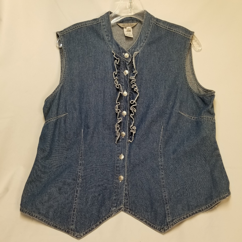 Stonebridge Womans Sz 14P Denim Shirt Vest Button Down Vintage Ruffled